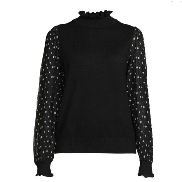 Nanette Lepore Black Knit Polka Dot Semi Sheer Sleeve Ruffle Mockneck Top - Picture 3 of 16